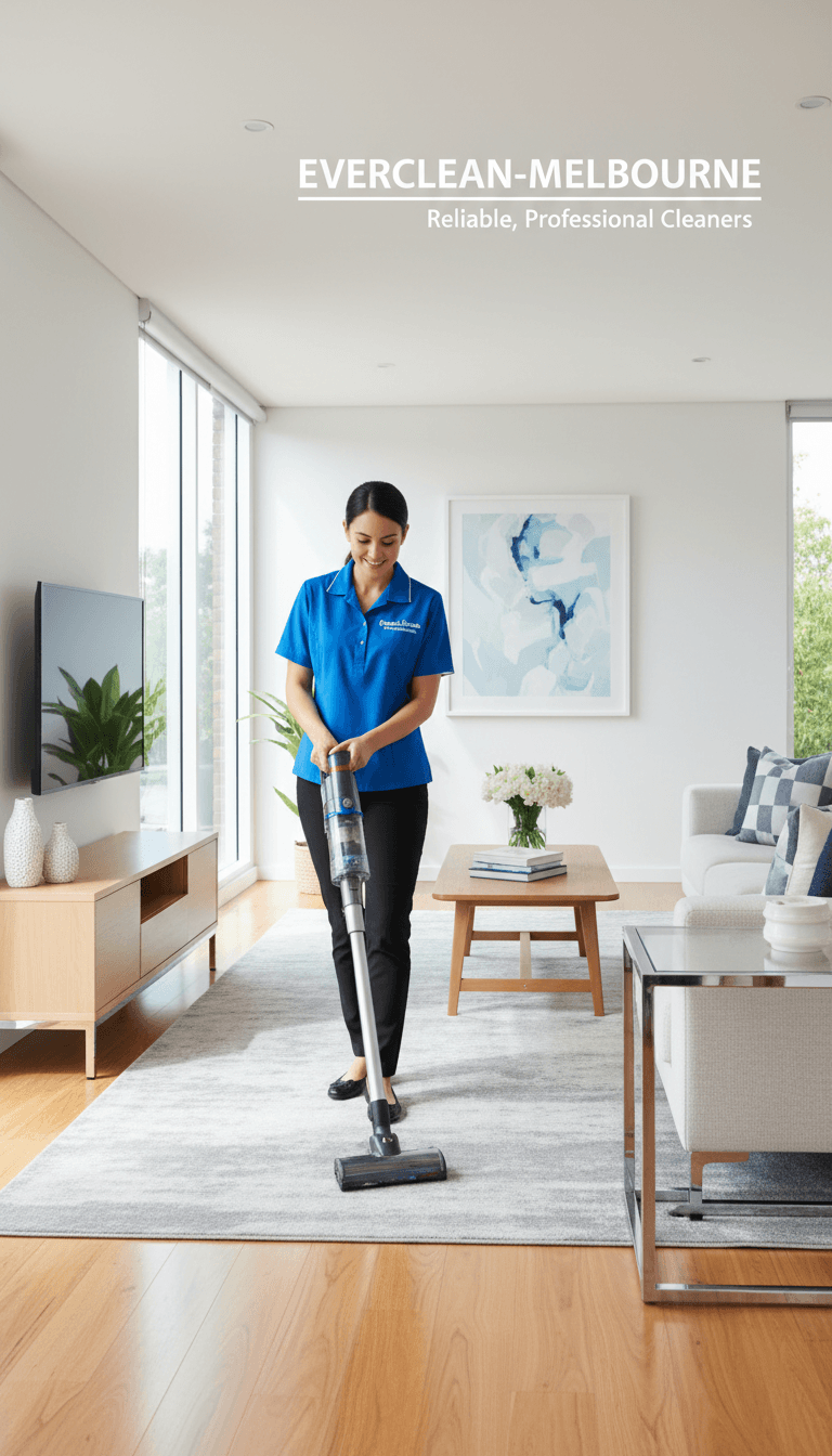 Professional cleaner vacuuming a tidy living room in Melbourne home