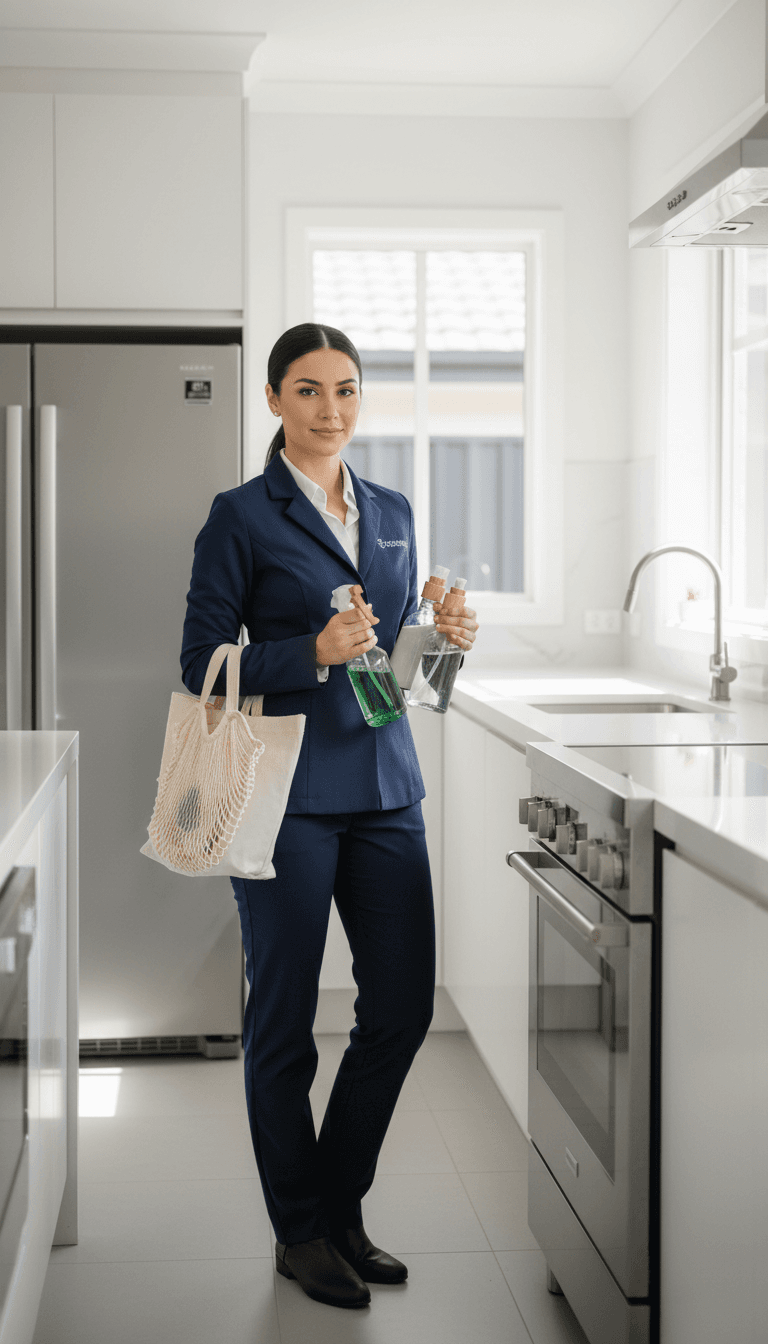 Cleaning professional ready to work in a bright Melbourne home