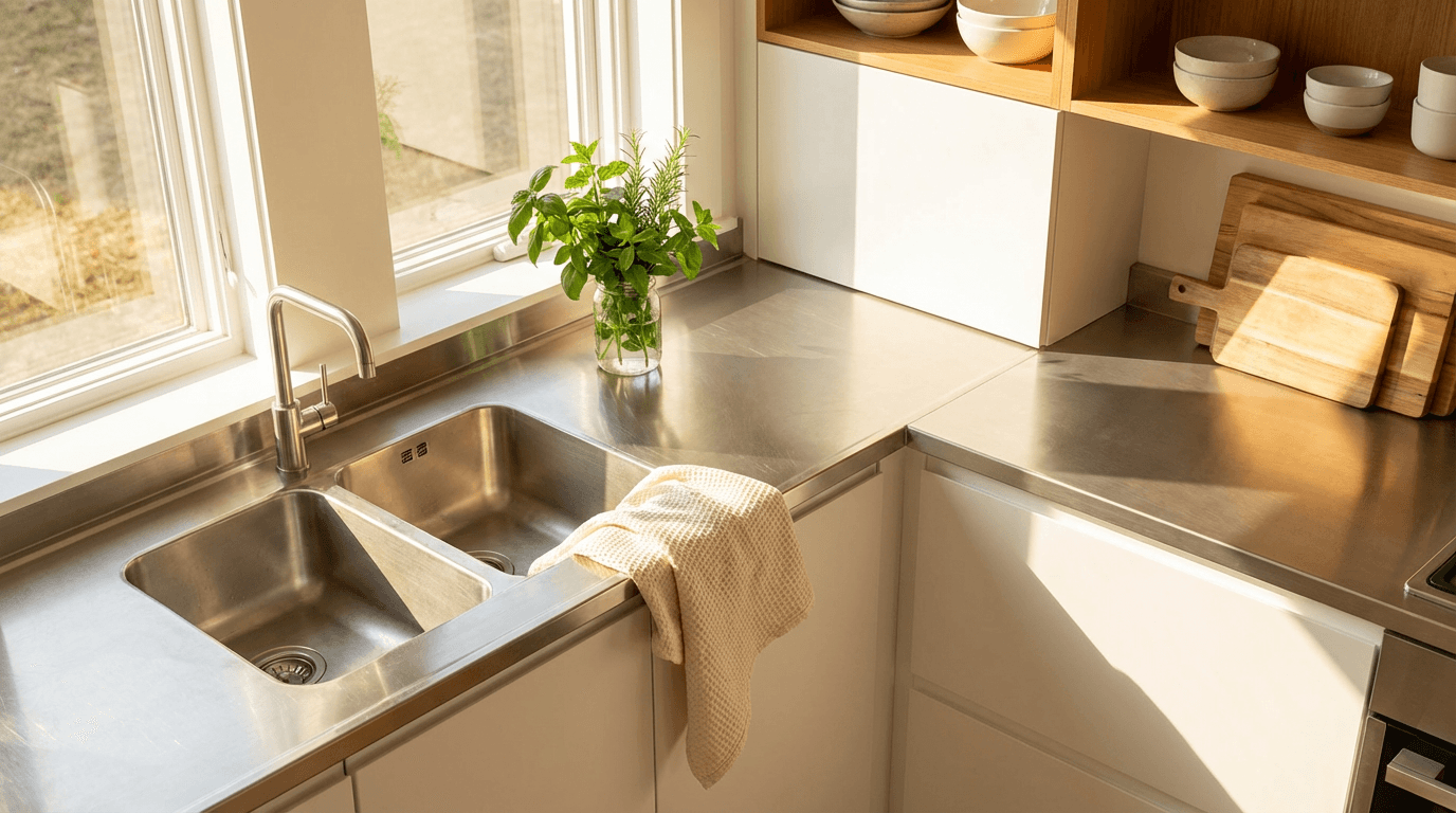 EverClean-Melbourne cleaner organizing professional cleaning supplies and equipment on a kitchen counter
