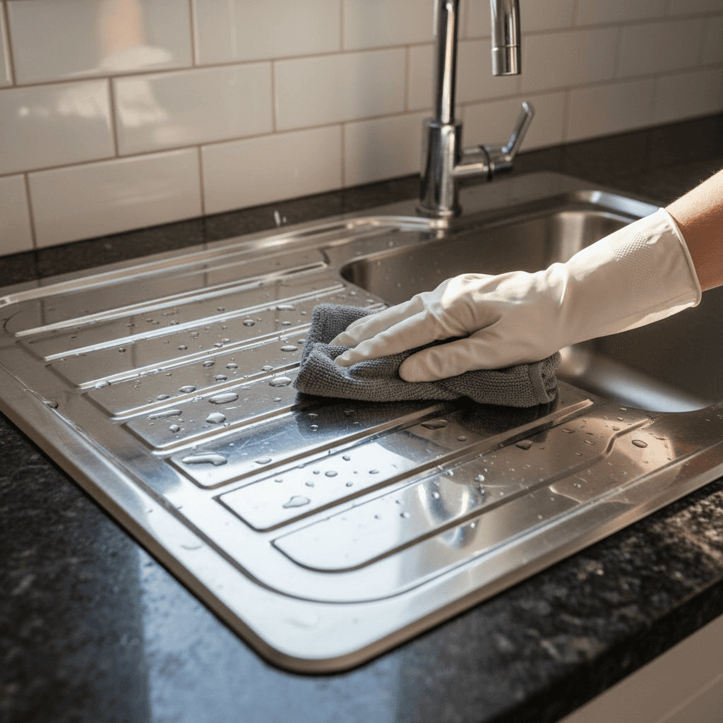 Kitchen sink and fixture polishing with stainless steel shine