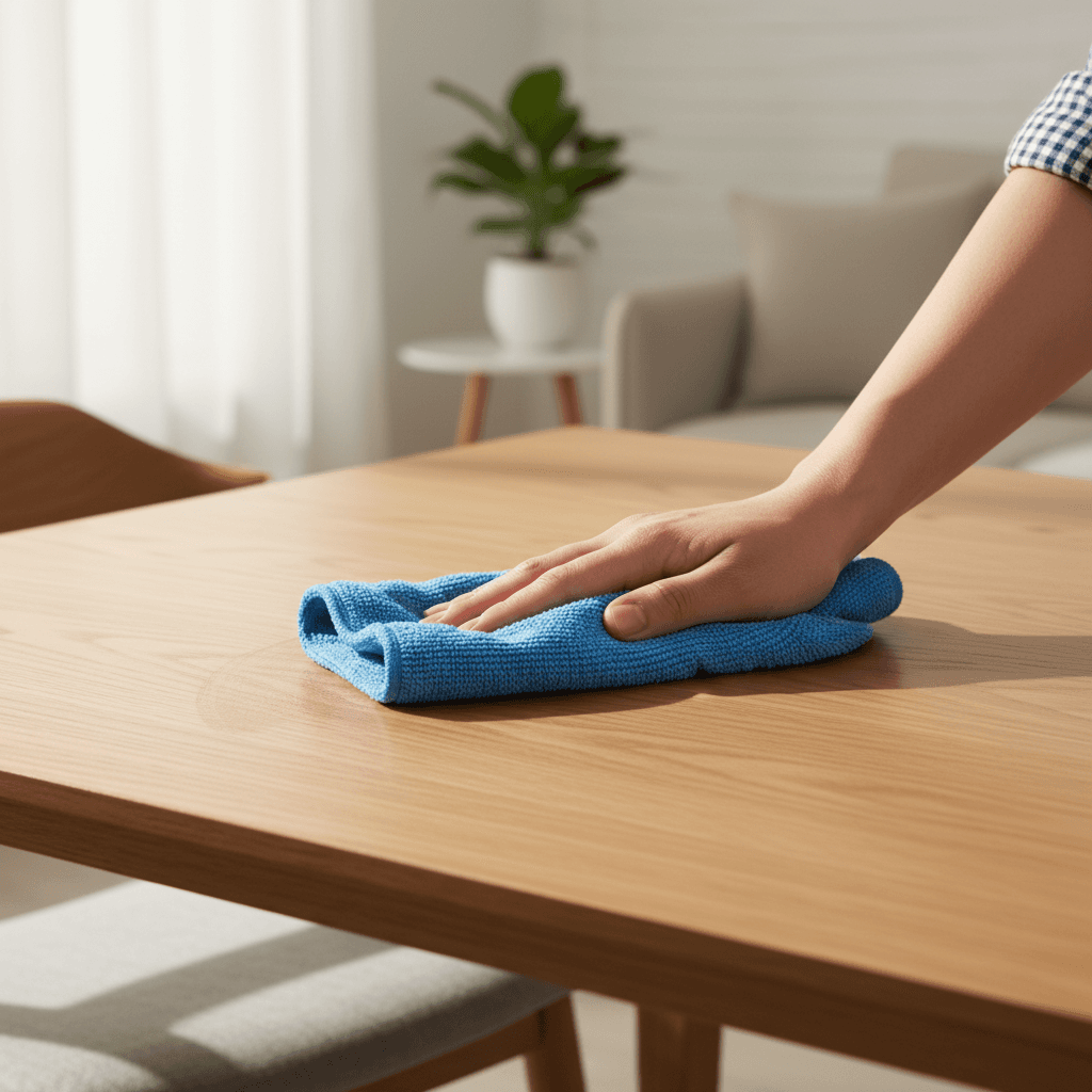 Hands carefully polishing a wooden surface with attention to detail