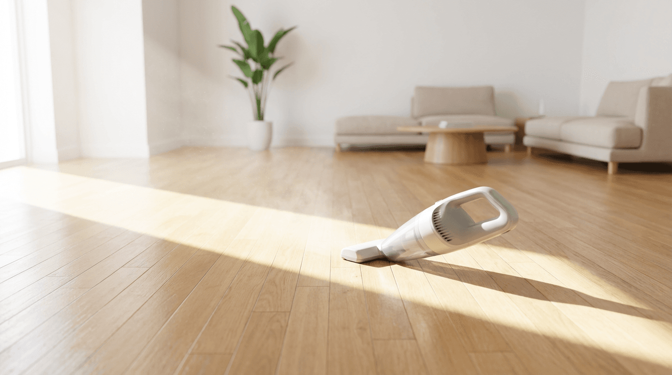 Friendly cleaner in bright living room ready to deliver professional service