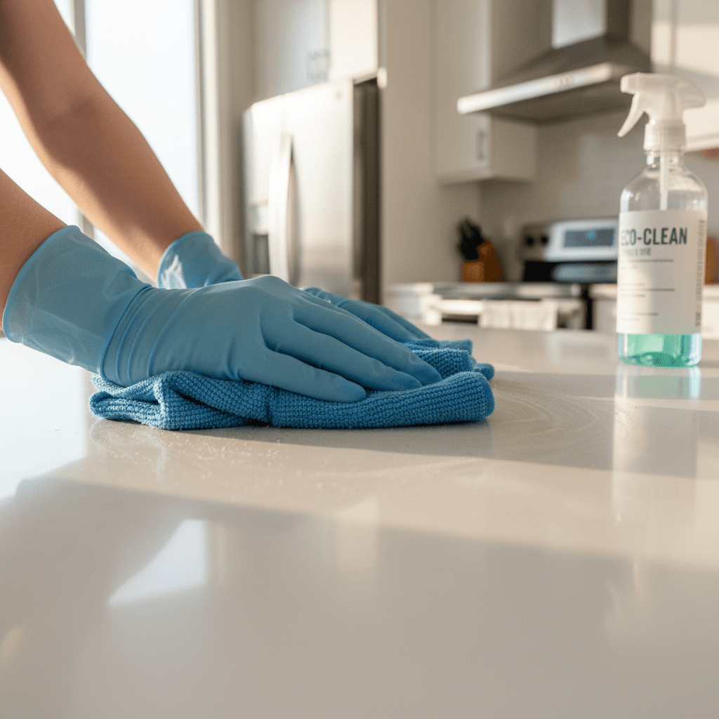 Professional cleaner carefully wiping down a kitchen countertop in Melbourne home