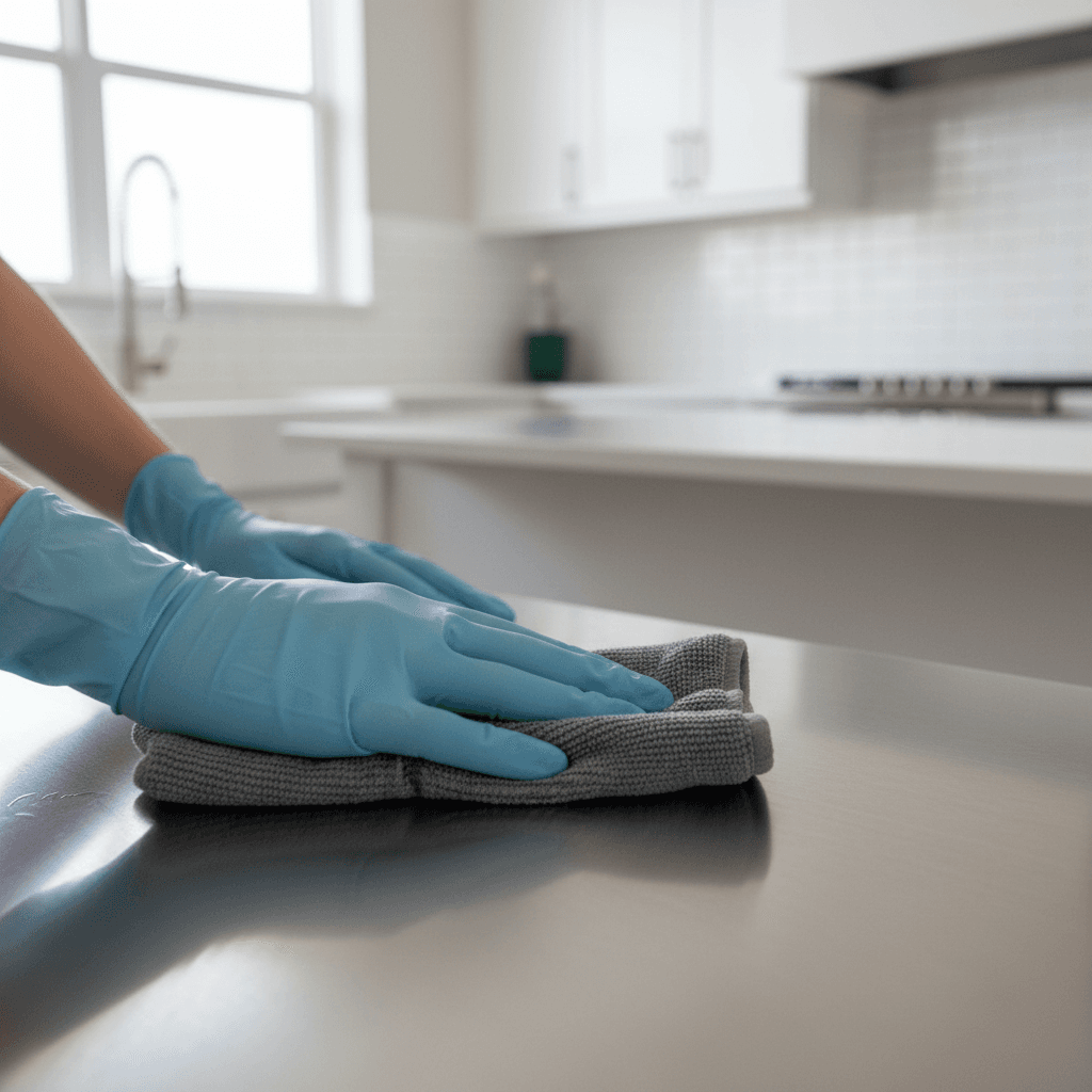 Professional cleaner polishing kitchen countertop with care and precision